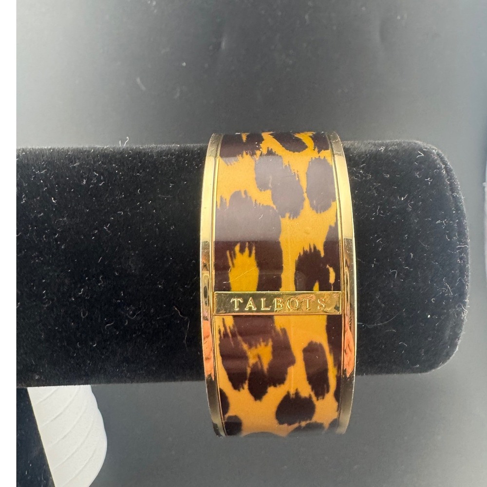 Leopard Print Bangle Bracelet Wide 1" Gold Tone Wide Animal Print
